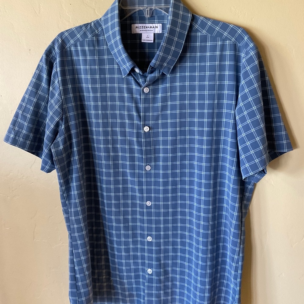 Mizzen+Main Performance, SS Shirt - Blue Plaid- Large Trim Fit